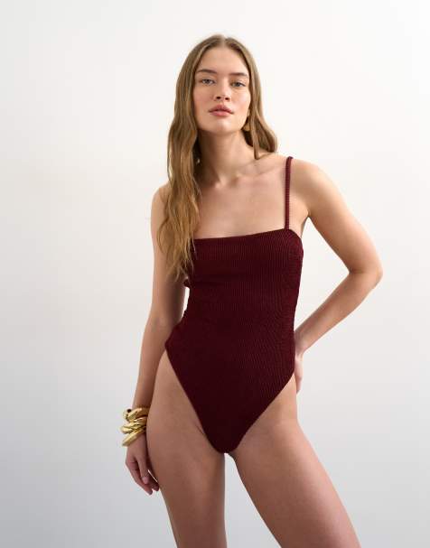 Topshop - Cooper - Badpak van kreukelstof met vierkante hals in aubergine - view 1