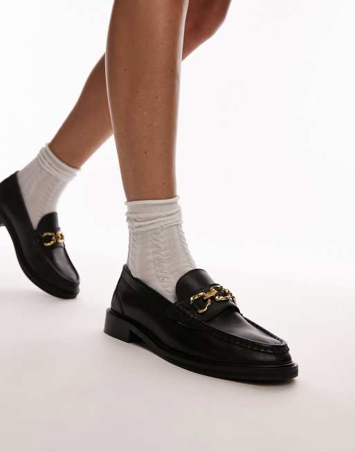 Topshop – Cooper – Czarne skórzane loafersy ze złotym wykończeniem