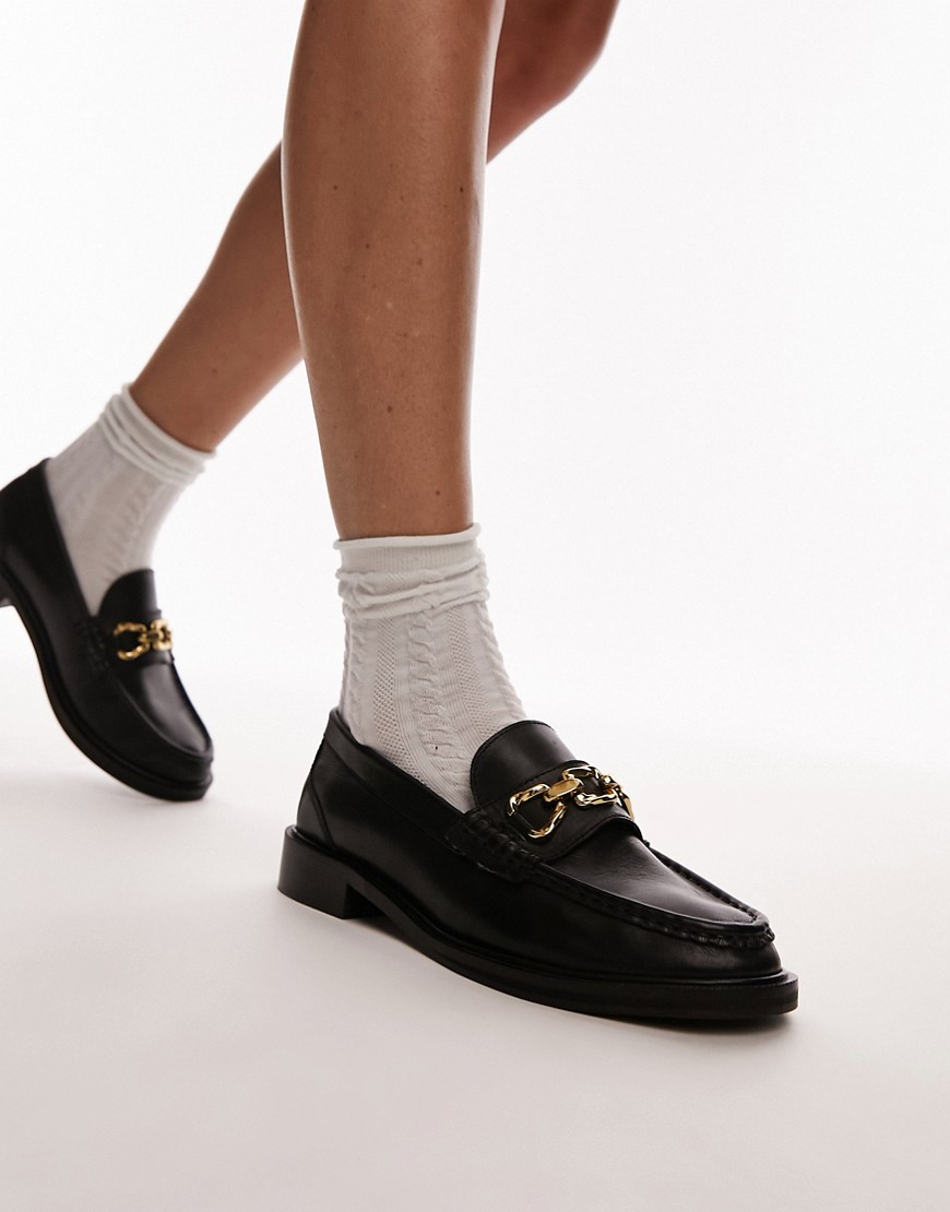 Topshop Cooper leather loafer with gold trim in black