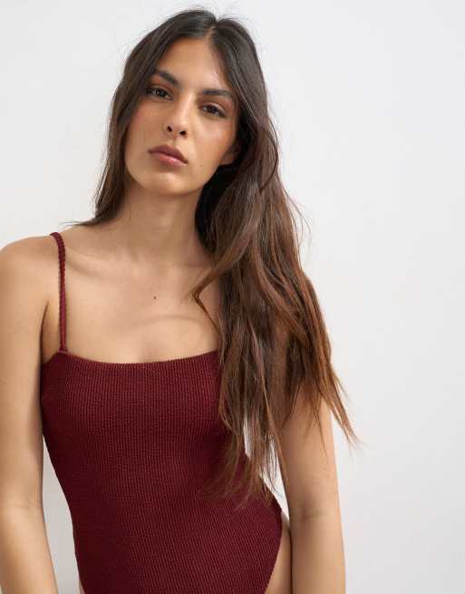 Topshop Cooper square neck crinkle swimsuit in aubergine, 4 of 4