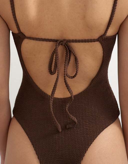 Topshop Cooper square neck swimsuit in chocolate, 4 of 4