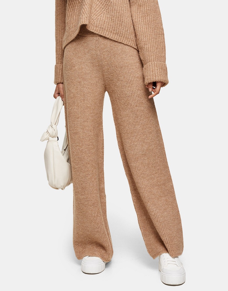 Topshop coordinating knit wide leg pants in camel-Brown