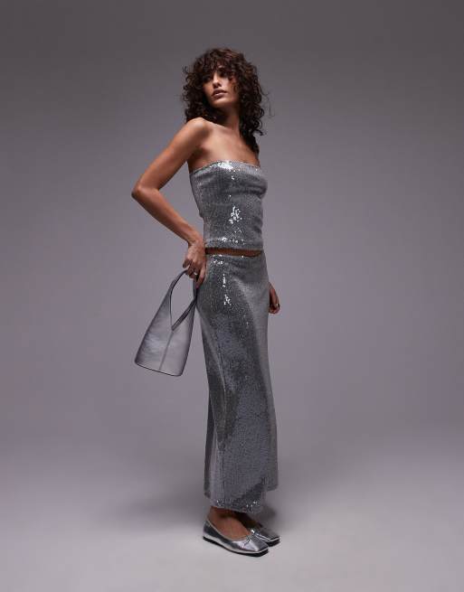 Topshop - Coordinato con paillettes color canna di fucile composto da top a fascia e gonna