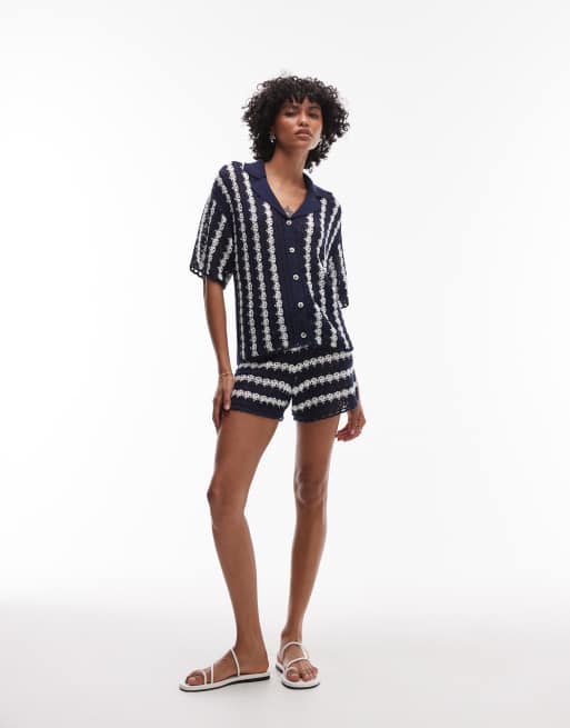 Topshop - Coordinato in maglia a righe blu e avorio