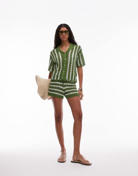 Topshop - Coordinato in maglia a righe con pantaloncini e camicia - view 1
