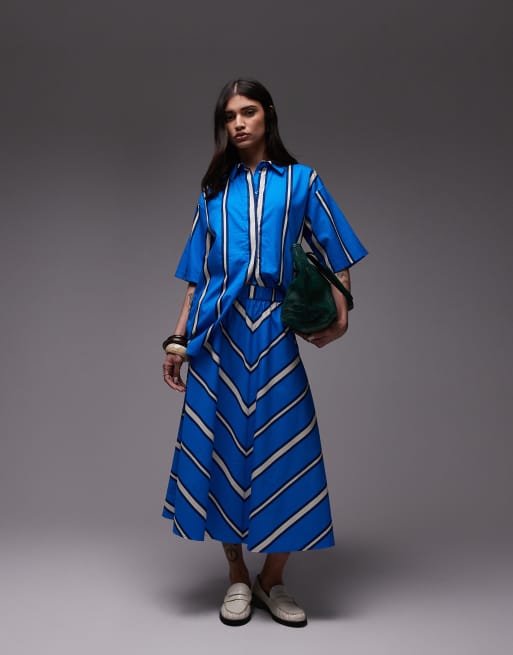 Topshop - Coordinato in popeline blu acceso a righe avorio