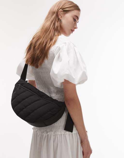 Topshop - Cora - Doorgestikte crossbodytas van nylon met voorvak in zwart