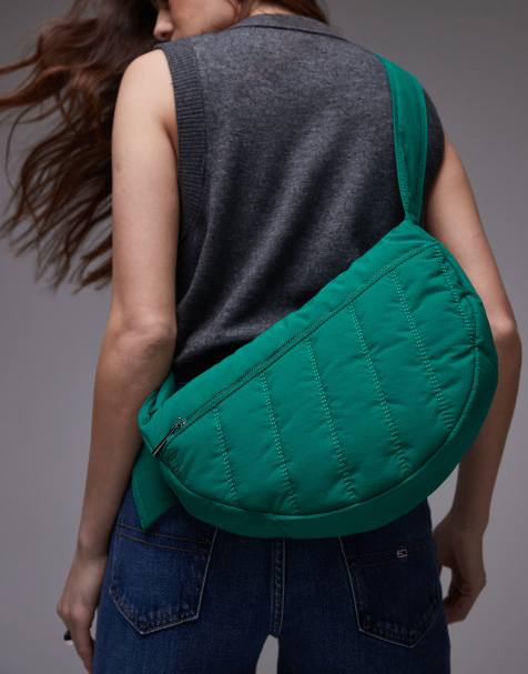 Topshop – Cora – Gesteppte Nylon-Umhängetasche in Grün mit Vordertasche - view 1