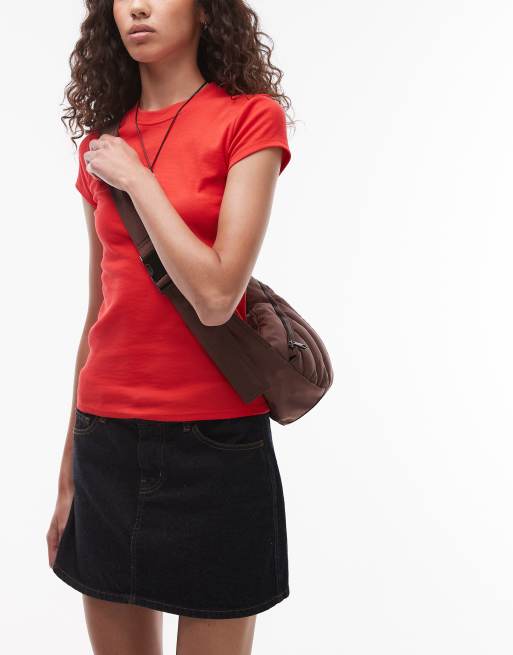 Topshop Cora nylon quilt cross body bag with front pocket in chocolate