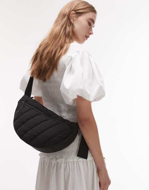 Topshop – Cora – Svart, quiltad axelremsväska i nylon med ficka framtill - view 1