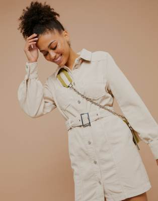 Topshop cord belted shirt dress in ecru-White