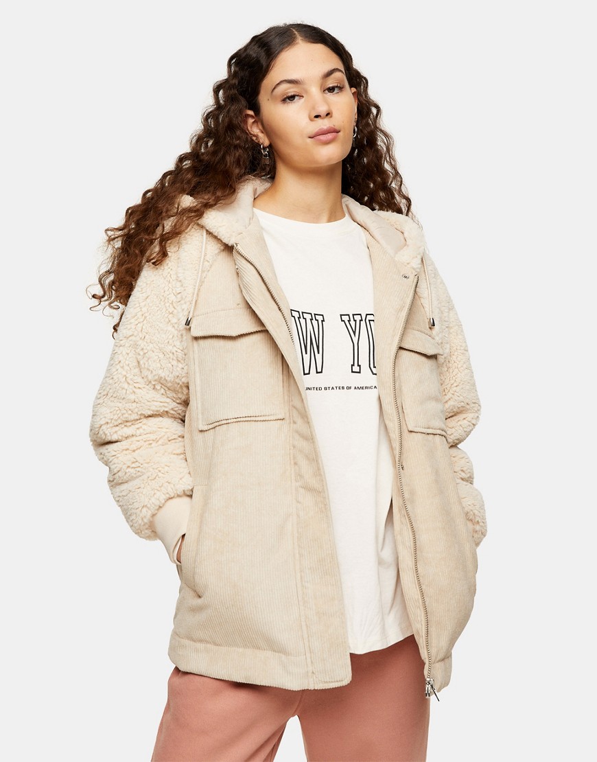 Topshop CORDUROY AND BORG MIX OVERSIZED JACKET WITH HOOD IN CREAM-WHITE