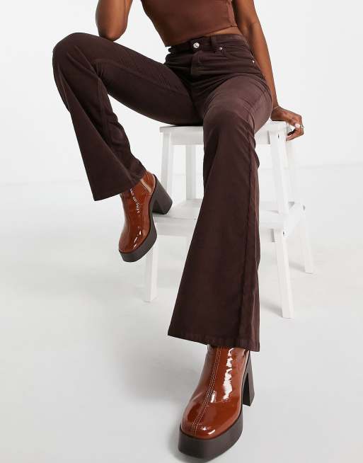 Topshop cord Jamie Flare organic cotton blend jean in chocolate brown