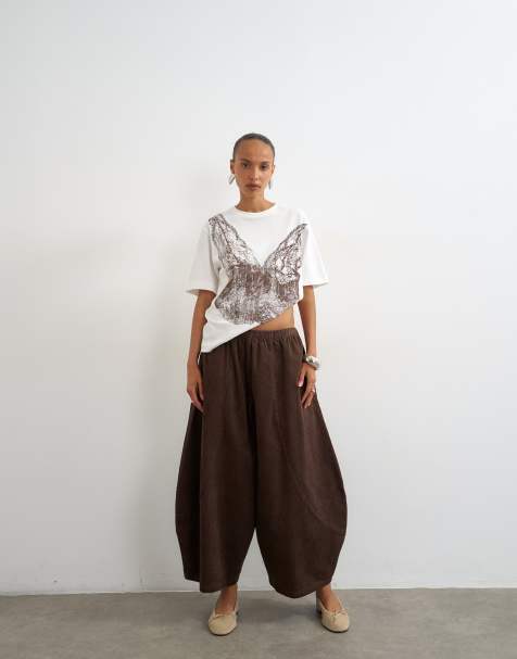 Topshop cord mid length ovoid pants in chocolate - view 1