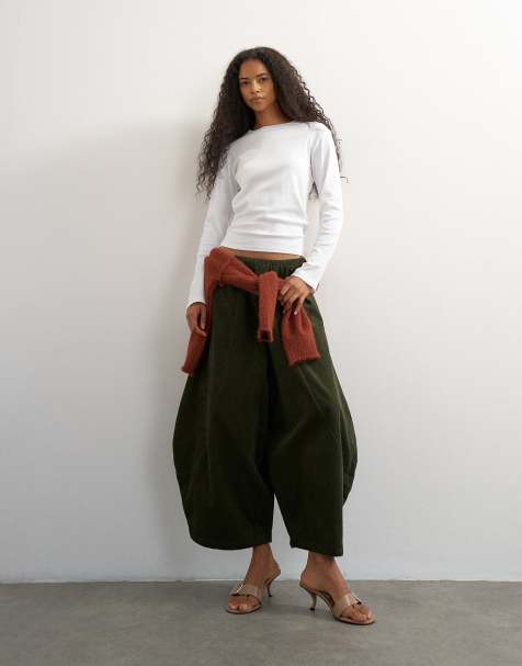 Topshop cord mid length ovoid trouser in green - view 1