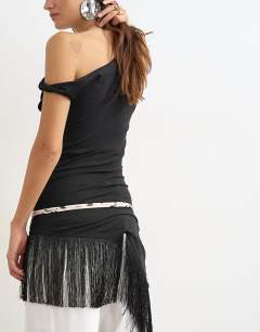 Model wearing Cord style belt in dalmatian print