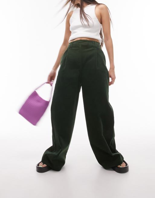 Topshop cord tailored wide leg trouser in dark green