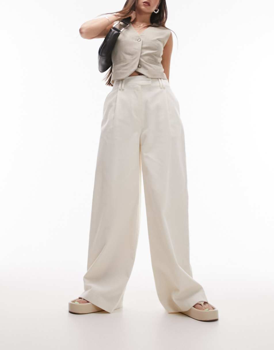 Topshop cord tailored wide leg trouser in ecru