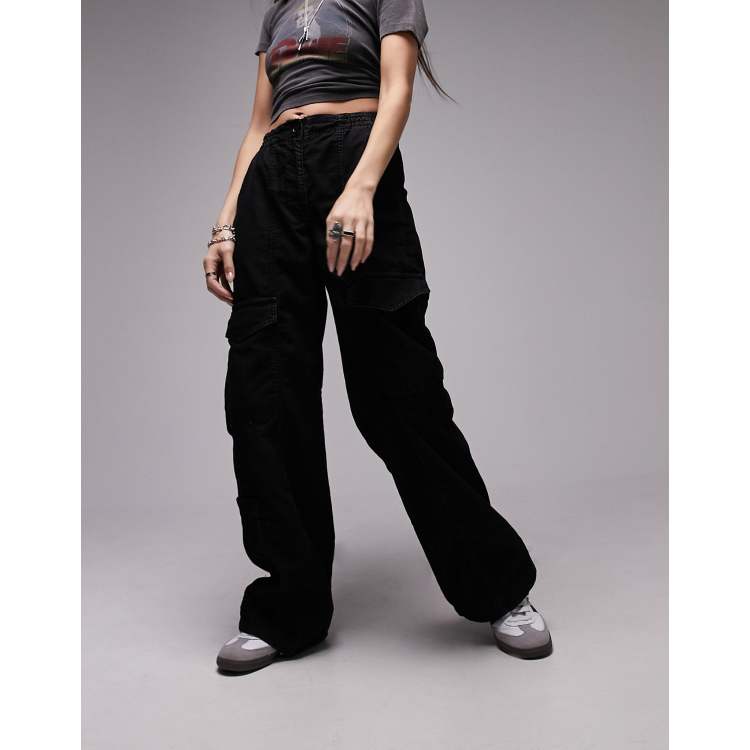 Topshop cord utility cargo straight leg pants in Black
