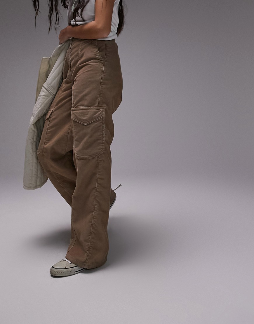 Topshop cord utility cargo straight leg trouser in beige-Neutral