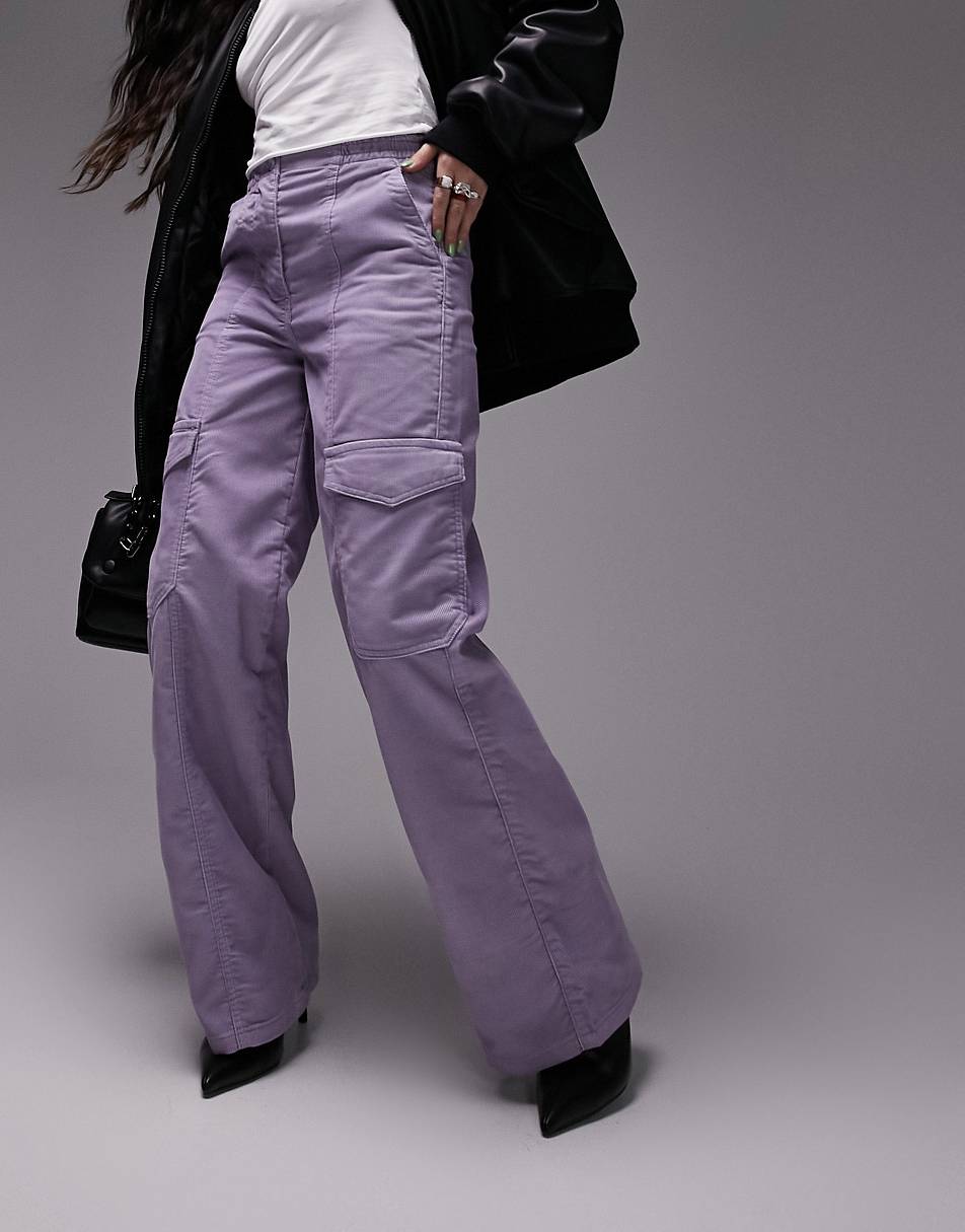 Topshop cord utility cargo straight leg trouser in lilac