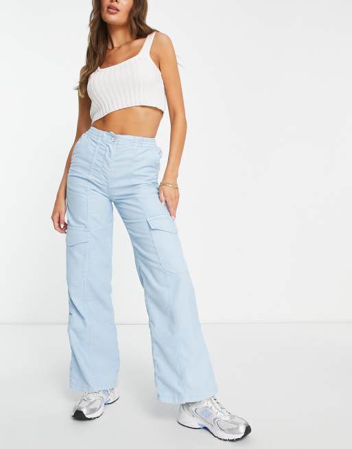 Topshop Utility Straight Leg Corduroy Pants in Light Blue