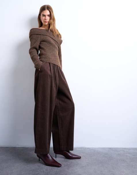 Topshop cord wide leg awkward length trouser in brown - view 1
