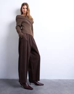 Cord wide leg awkward length trouser in brown