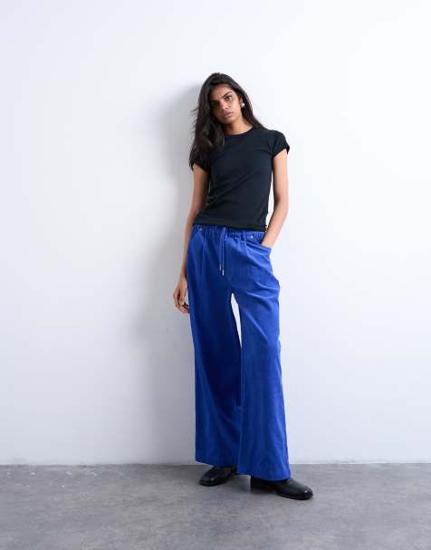 Topshop cord wide leg pants with drawcord in cobalt - view 1