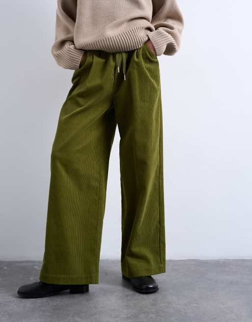 Topshop cord wide leg pants with drawcord in green