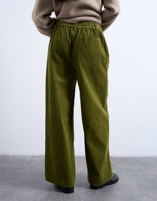 Topshop cord wide leg pants with drawcord in green, 4 of 5