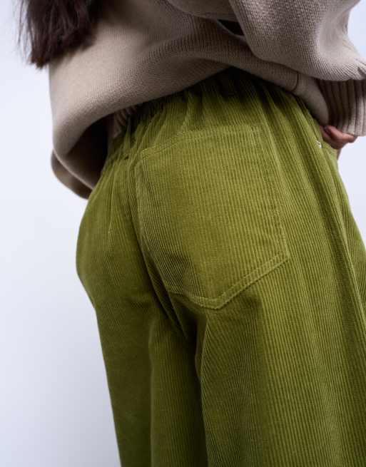 Topshop cord wide leg pants with drawcord in green, 5 of 5
