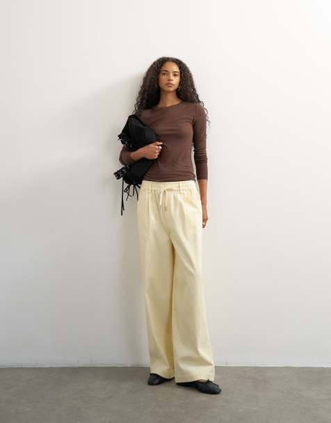 Topshop cord wide leg pull on pants in stone - view 1