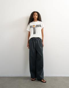 Model wearing Cord wide leg pull on trouser in grey