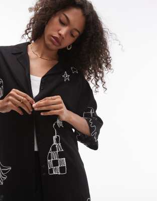 Topshop corded conversational print shirt in mono (part of a set)