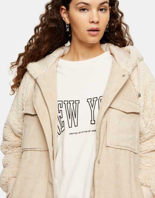 Topshop corduroy and borg mix oversized jacket with hood in cream