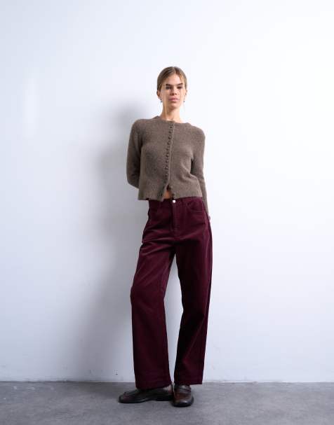 Topshop corduroy slouchy low slung pants in burgundy - view 1