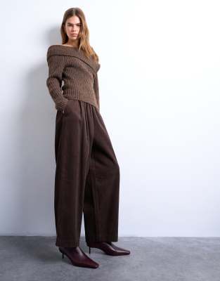 Topshop Corduroy Wide Leg Awkward Length Pants In Brown