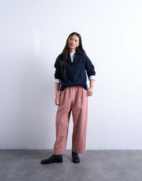 Topshop corduroy wide leg awkward length pants in pink - view 1