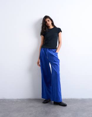 Topshop Corduroy Wide Leg Pants With Drawstring In Blue