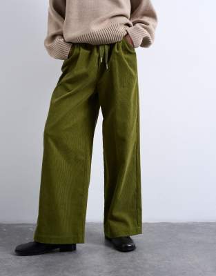Topshop Corduroy Wide Leg Pants With Drawstring In Green