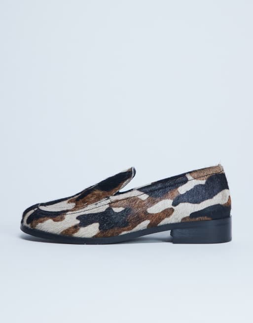 Topshop Corrie pony real leather flat loafers in animal print