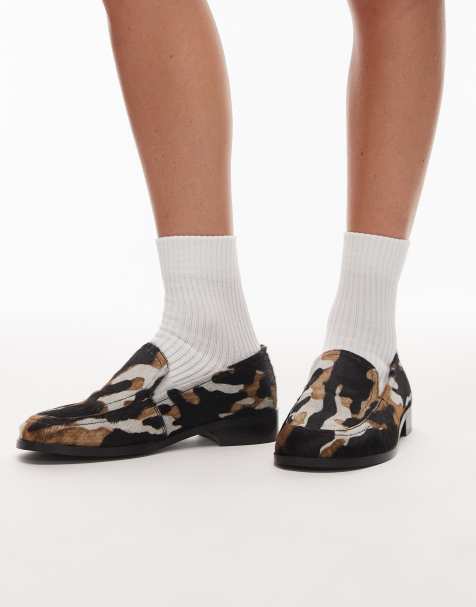 Topshop Corrie pony real leather flat shoe loafers in animal print - view 1