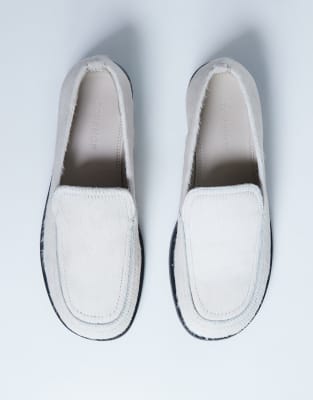Topshop Corrie real leather pony flat shoe loafer in off white
