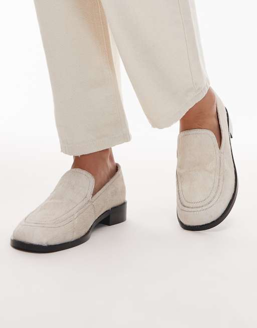 Topshop Corrie real leather pony flat shoe loafers in off-white 