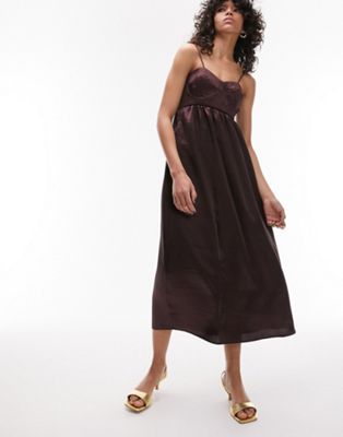 Shop Topshop Corset Bust Satin Midi Dress In Chocolate-brown