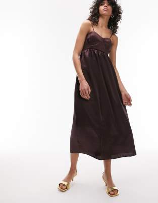 Topshop corset bust satin midi dress in chocolate