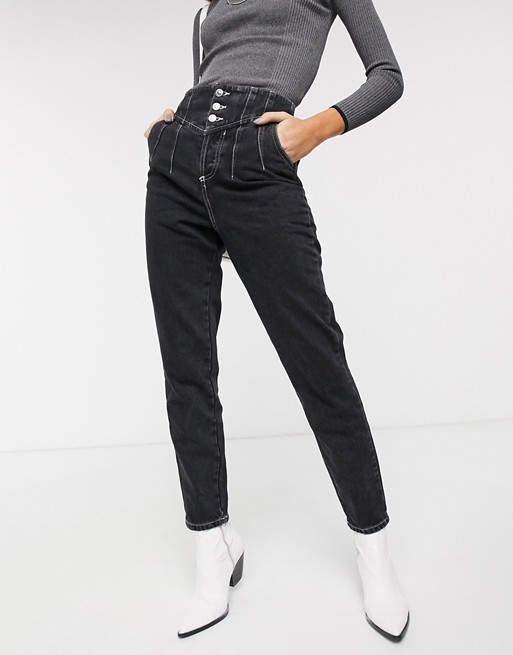 Topshop corset detail mom jeans in washed black | ASOS