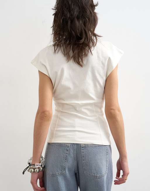 Topshop corset seamed cap sleeve top in ivory, 3 of 4