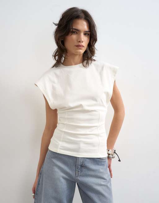 Topshop corset seamed cap sleeve top in ivory, 4 of 4